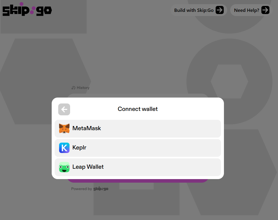 Skip's main dashboard, showing an option to connect MetaMasks.