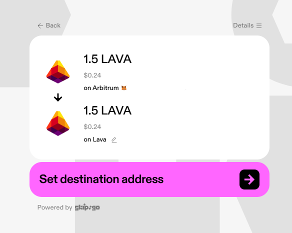 Skip user interface highlighting Arbitrum as the source and Lava Mainnet as the destination.